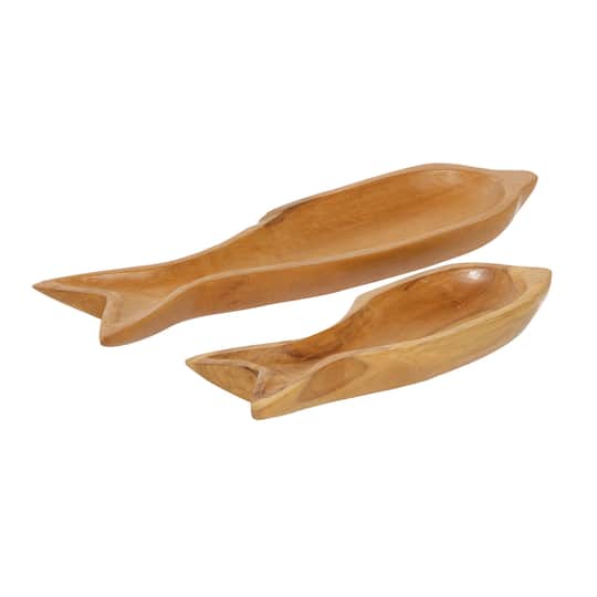 Brown Fish Teak Wood Coastal Style Tray Set